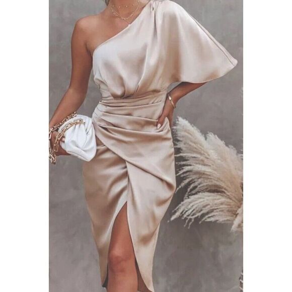 Donnee Par Dieu LIA Champagne One Shoulder Satin Dress, Size Small - Picture 1 of 16